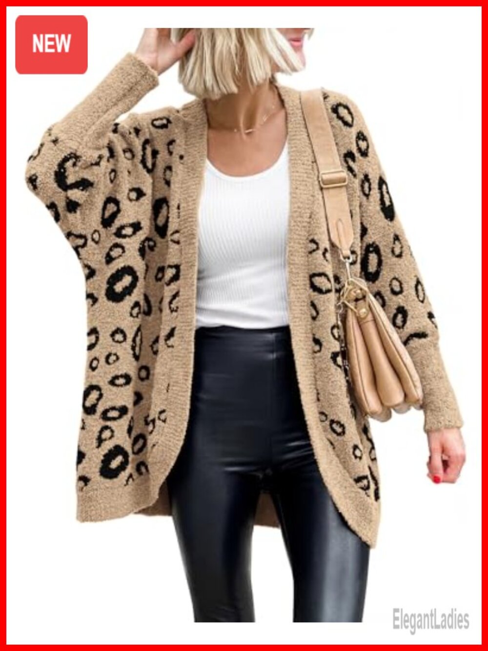 Leopard Print Knit Cardigan Batwing Sleeve Open Front Fall Sweater